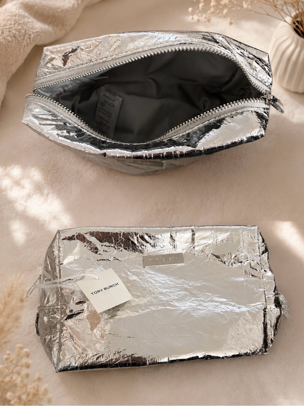 Tory Burch Sublime Silver Metallic crinkle makeup/cosmetic bag/pouch